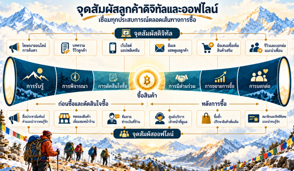 อินโฟกราฟิกธีมเชอร์ปาแสดงจุดสัมผัสลูกค้าดิจิทัลและออฟไลน์ใน 6 ช่วง ตั้งแต่การรับรู้ พิจารณา ตัดสินใจซื้อ มีส่วนร่วม ขยายการซื้อ จนถึงการบอกต่อ