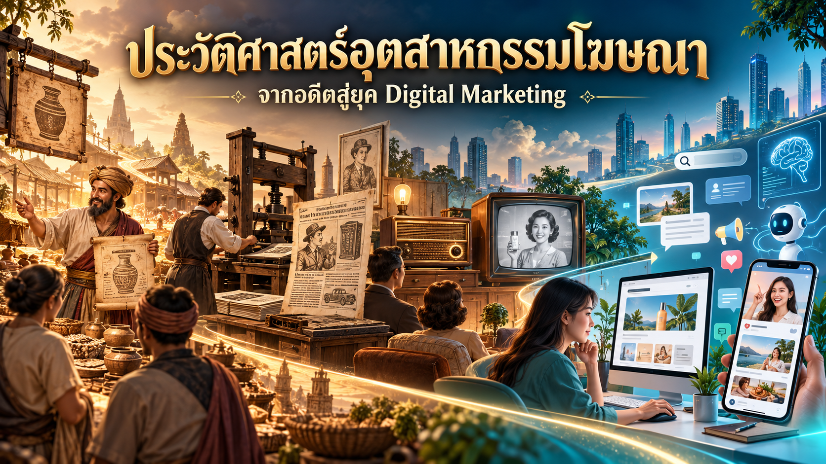 วิวัฒนาการอุตสาหกรรมโฆษณาจากตลาดโบราณ สื่อสิ่งพิมพ์ วิทยุ และโทรทัศน์ สู่การตลาดดิจิทัลและ AI