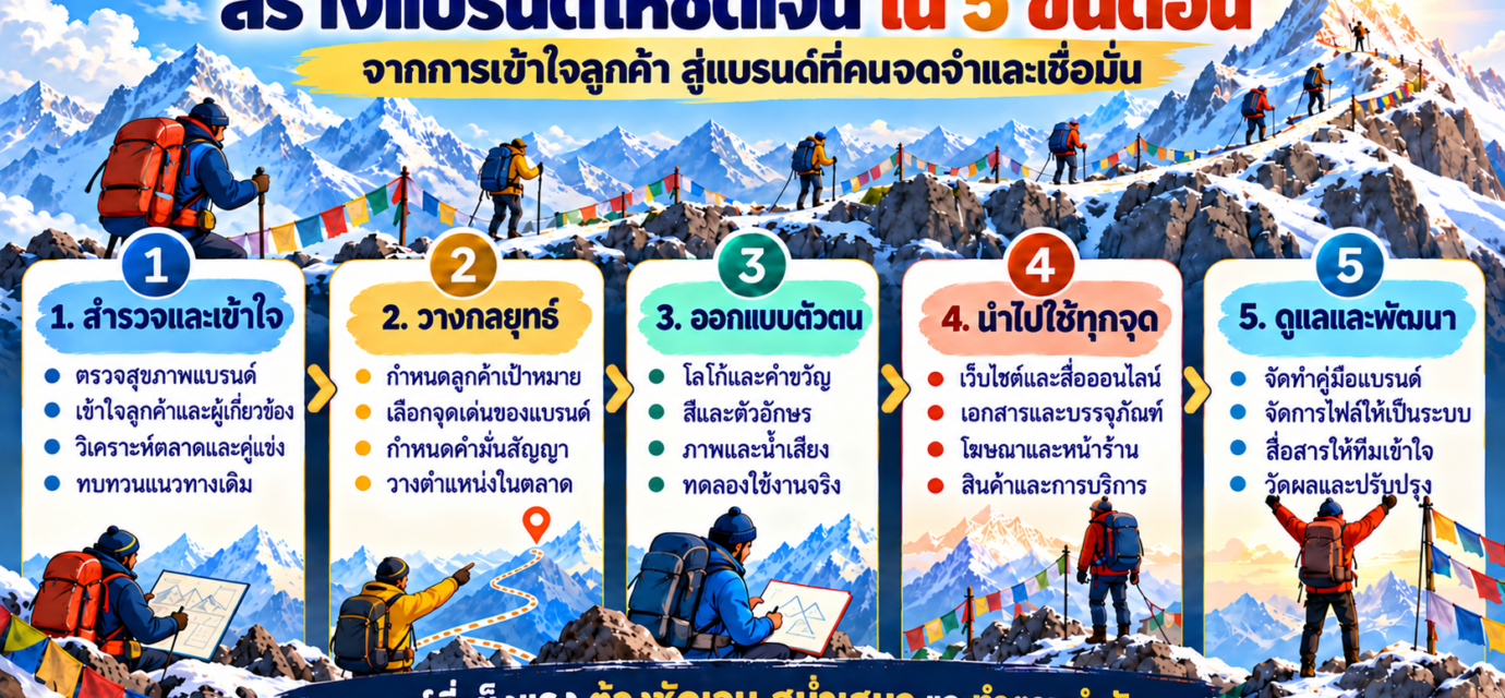 อินโฟกราฟิกธีมเชอร์ปาแสดง 5 ขั้นตอนสร้างแบรนด์ ได้แก่ สำรวจและเข้าใจ วางกลยุทธ์ ออกแบบตัวตน นำไปใช้ทุกจุด และดูแลพัฒนา พร้อมภาพทีมเดินขึ้นภูเขา