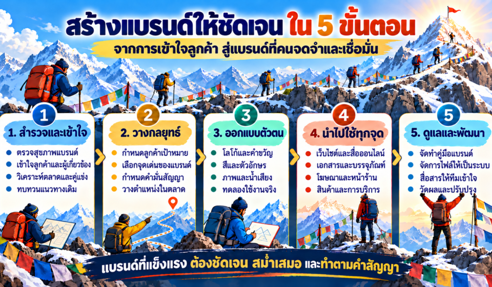 อินโฟกราฟิกธีมเชอร์ปาแสดง 5 ขั้นตอนสร้างแบรนด์ ได้แก่ สำรวจและเข้าใจ วางกลยุทธ์ ออกแบบตัวตน นำไปใช้ทุกจุด และดูแลพัฒนา พร้อมภาพทีมเดินขึ้นภูเขา