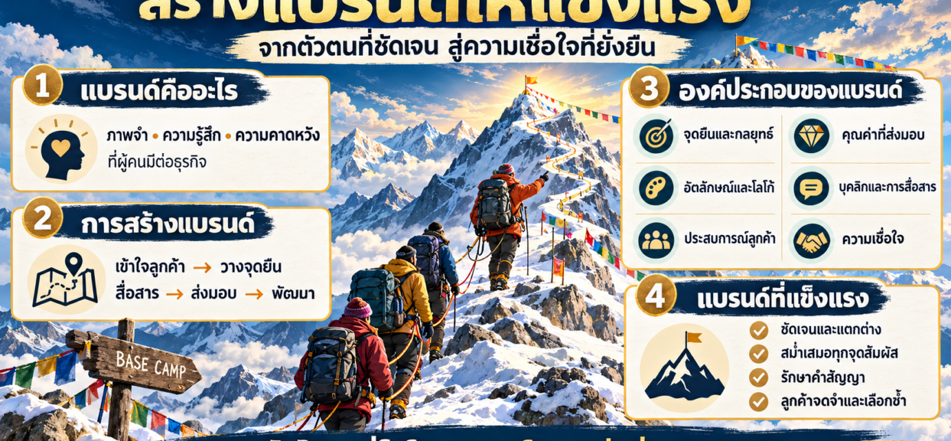 อินโฟกราฟิกธีมเชอร์ปานำทีมขึ้นภูเขาหิมาลัย อธิบายความหมายของแบรนด์ ขั้นตอนการสร้างแบรนด์ องค์ประกอบสำคัญ และลักษณะของแบรนด์ที่แข็งแรง