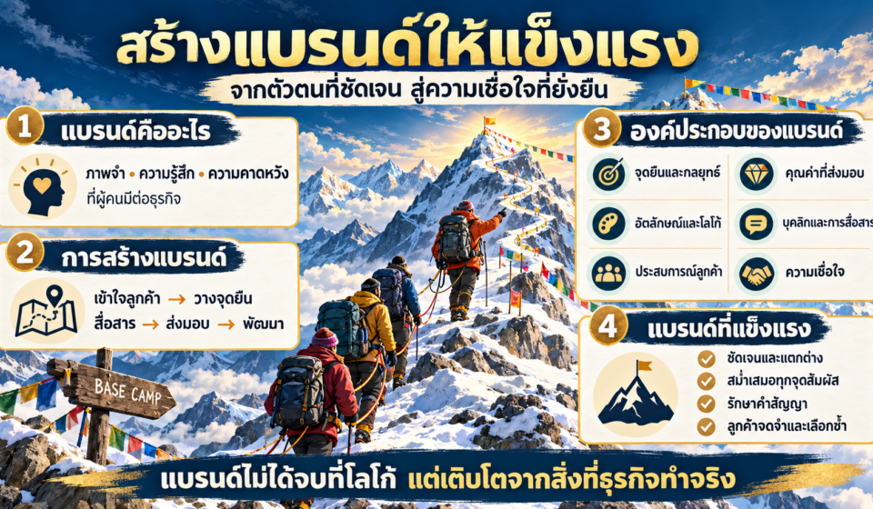 อินโฟกราฟิกธีมเชอร์ปานำทีมขึ้นภูเขาหิมาลัย อธิบายความหมายของแบรนด์ ขั้นตอนการสร้างแบรนด์ องค์ประกอบสำคัญ และลักษณะของแบรนด์ที่แข็งแรง